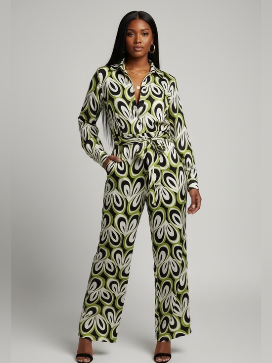 The Sang Pants - Long-Sleeve Printed Jumpsuit in Lime Green and Black
